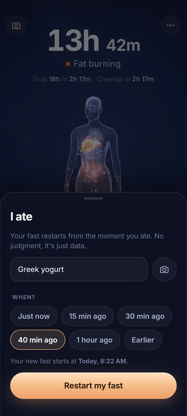 The I ate screen in FastWithin: a note reading Greek yogurt, the time 40 minutes ago selected, and a Restart my fast button.