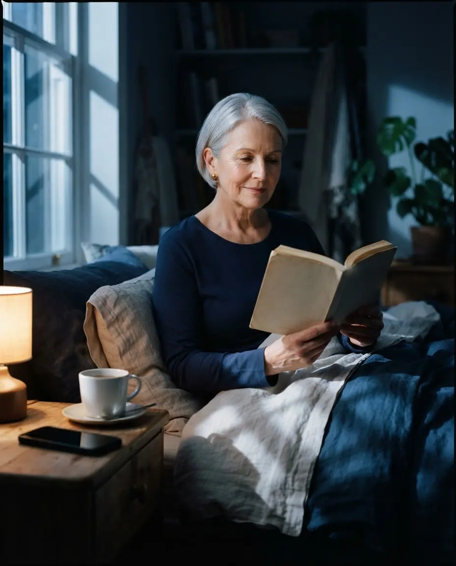 A woman with silver hair reads a book in bed beside a warm lamp, a cup and her phone on the bedside table.