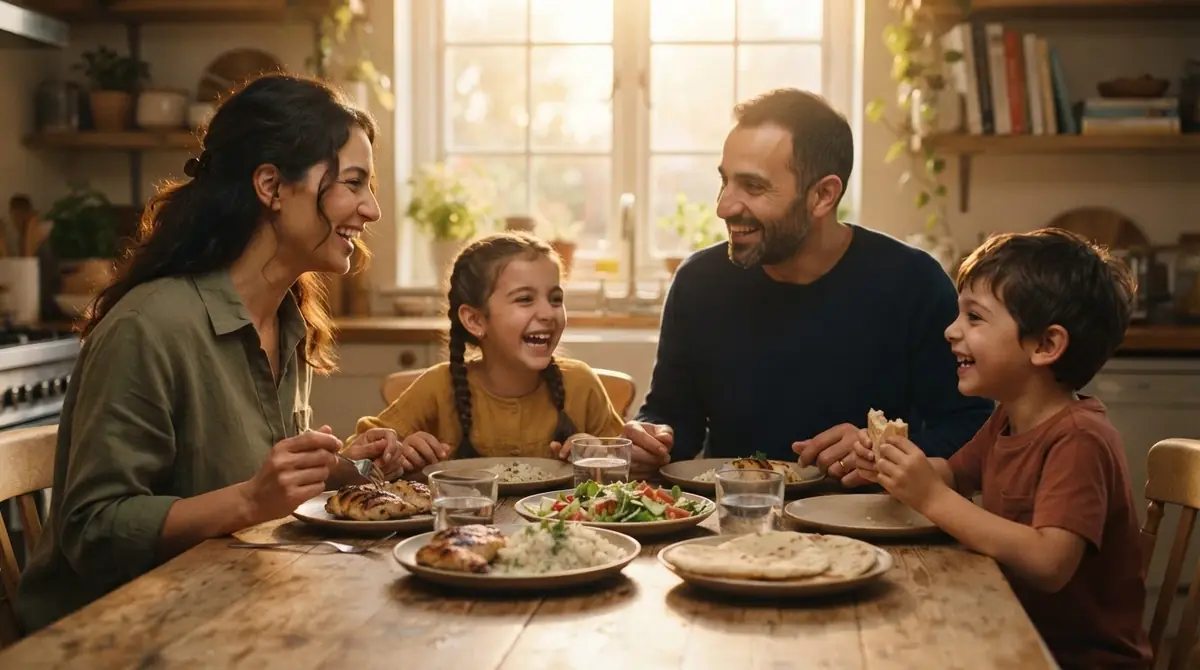 A family of four laughs over an early dinner at a wooden kitchen table.