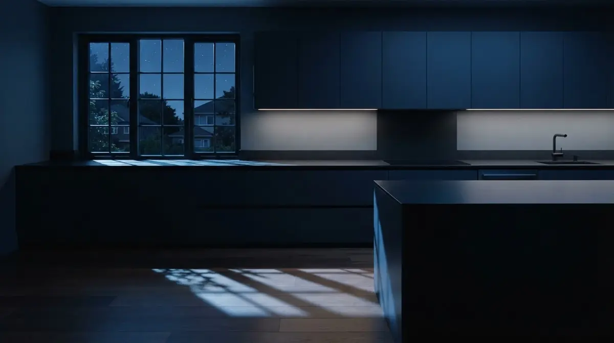 A quiet kitchen at night with the lights off and moonlight through the window.