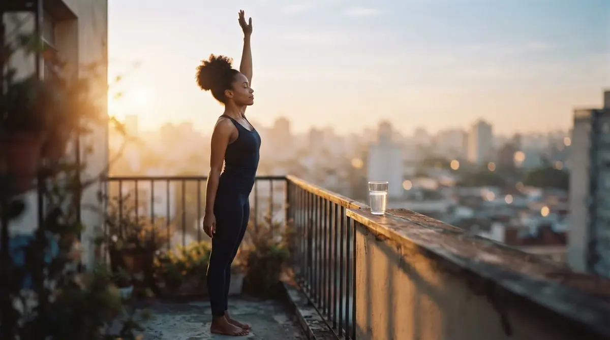 A woman stretches on a small balcony at sunrise, a glass of water on the ledge.