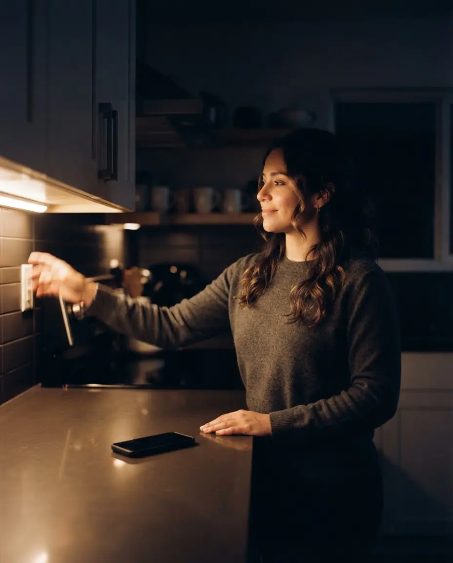 A woman in a dim kitchen reaches for the wall switch, her phone resting on the counter.